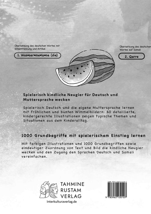 Backcover: Buchcover: Tahmine und Rustam Meine ersten 1000 Wörter Bildwörterbuch Deutsch-Somali in Schwarz-Weiß - Eine Wörtersammlung von 1000 Wörtern mit Illustrationen zur Verständigung auf Deutsch und Somali in Schwarz und Weiß