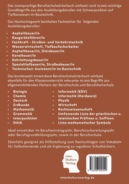 Backcover: Buchcover: Interkultura Berufsschulwörterbuch für Ausbildungsberufen im Tiefbauwesen Deutsch-Arabisch - Eine umfassende Darstellung des Berufsschulwortschatzes im Bereich Ausbildungsberufe im Tiefbauwesen auf Deutsch und Persisch